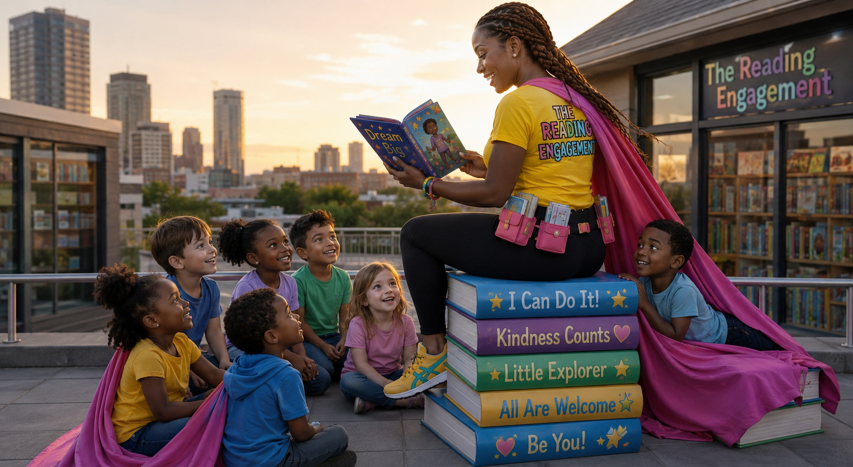 The Reading Engagement teacher in a yellow shirt and pink cape reading a picture book to a group of smiling children